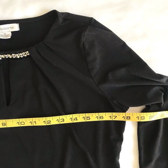 Liz Claiborne Dressy Top Women's Size M Black Keyhole Neck w/ Beads Long Sleeve - Picture 9 of 11